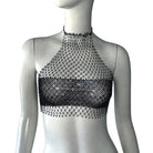 Black backless bandage clubwear tank with mesh net detailing on a mannequin bust