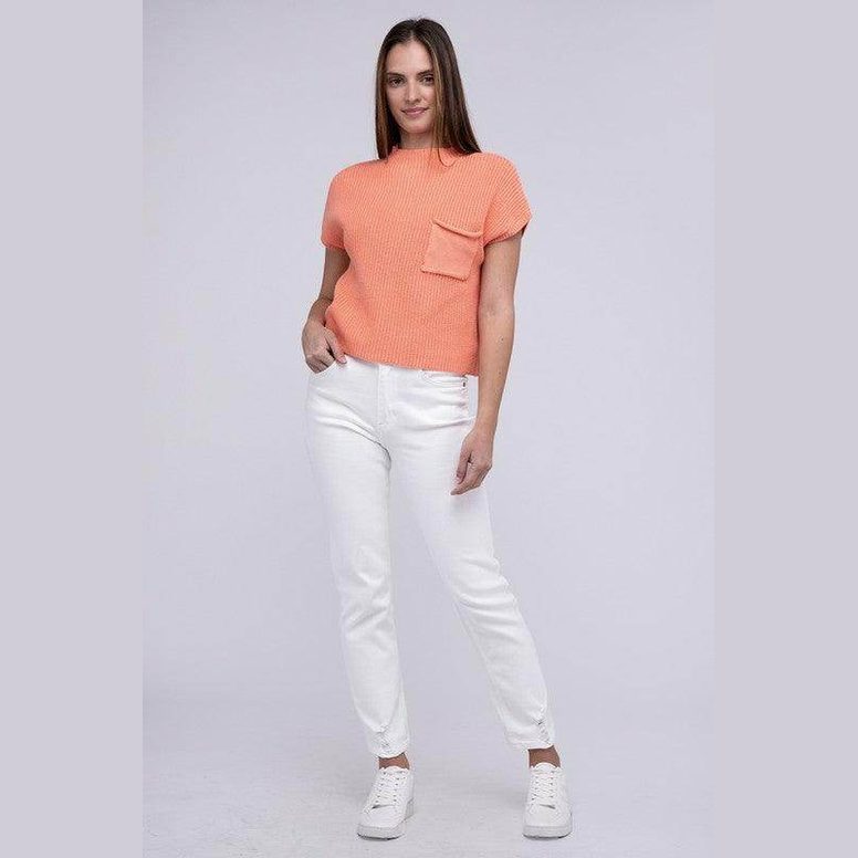 Mock Neck Short Sleeve Cropped Sweater - VacationGrabs