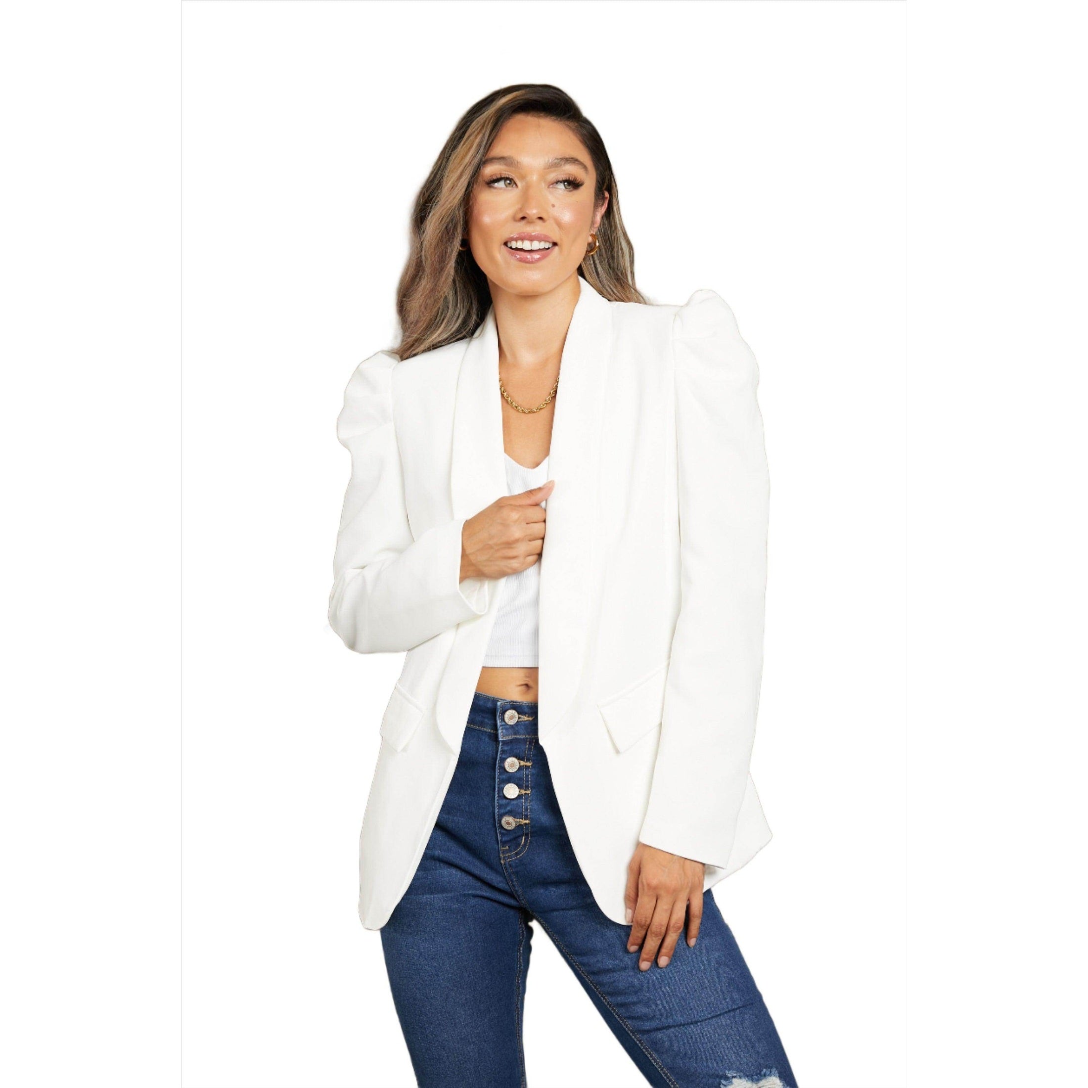 Double Take Puff Sleeve Shawl Collar Blazer - VacationGrabs