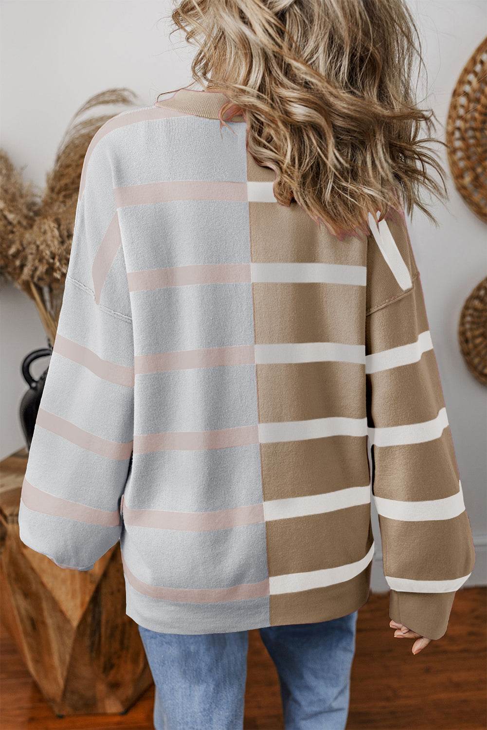 Khaki Stripe Colorblock Oversized Sweater - VacationGrabs