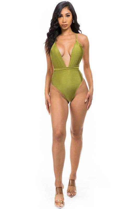 Deep V-Neck One-Piece Bathing Suit - VacationGrabs
