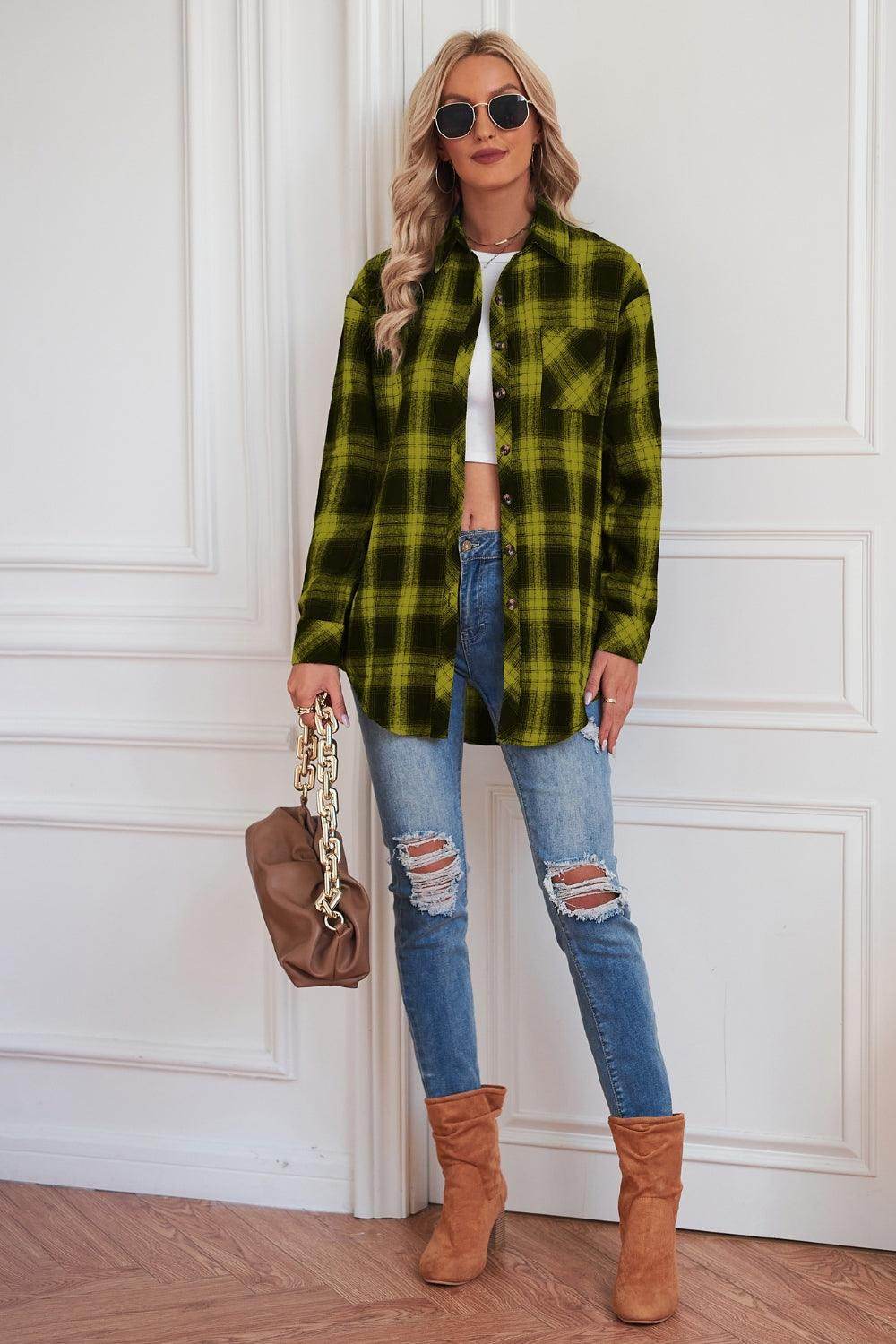 Plaid Button Up Dropped Shoulder Outerwear - VacationGrabs