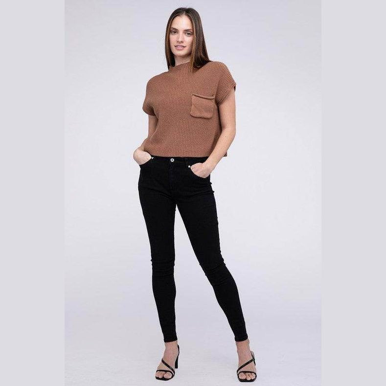 Mock Neck Short Sleeve Cropped Sweater - VacationGrabs