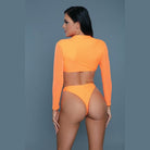 Rear view of model wearing BE WICKED 1980s inspired crop swim set neon orange long sleeve crop top and high cut bikini bottoms