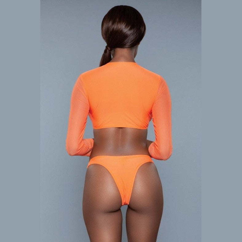 BE WICKED 1980s inspired crop swim set bright orange long sleeve crop top with high cut cheeky bikini bottoms