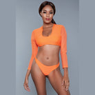 BE WICKED 1980s inspired crop swim set in bright orange long sleeve crop top with high cut bikini bottoms for beachwear