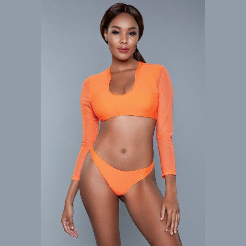 BE WICKED 1980s inspired crop swim set in bright orange long sleeve crop top with high cut bikini bottoms for beachwear