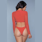 BE WICKED model back view wearing red long sleeve top and high cut thong bottom 1980s inspired crop swim set