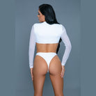 BE WICKED 1980s inspired crop swim set back view of model wearing white long sleeve crop top and high cut bikini bottoms