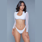 BE WICKED white long sleeve mesh crop top with high cut bikini bottom 1980s inspired crop swim set on model