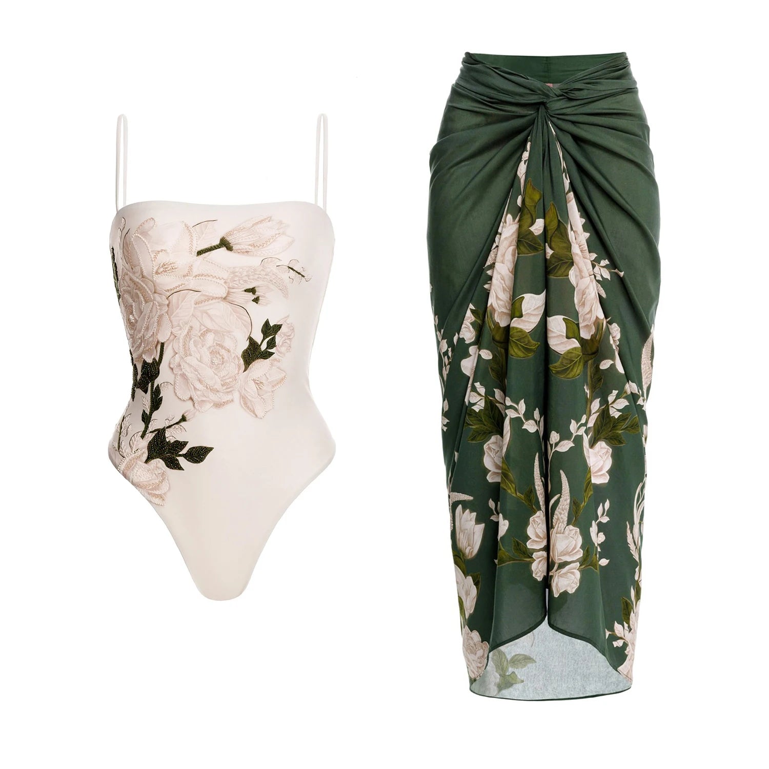 Women's floral one-piece swimsuit and green cover-up, perfect beachwear bathing suits.
