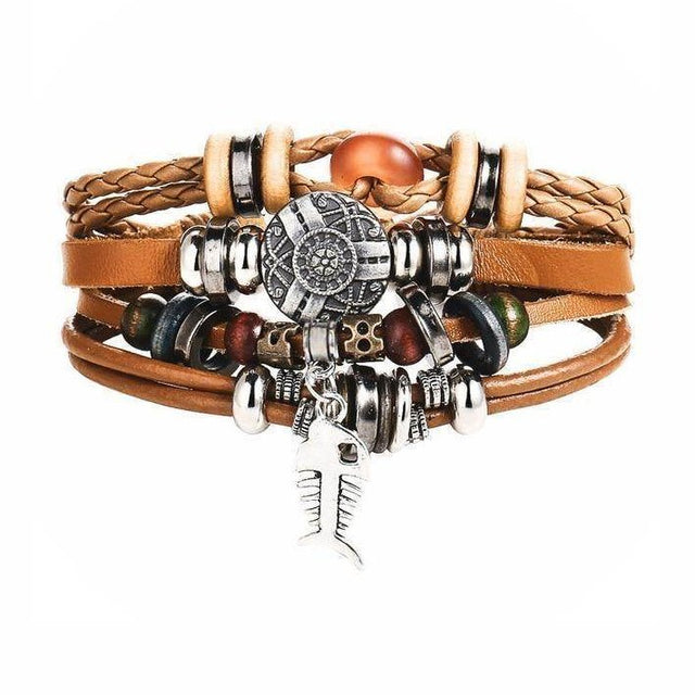 Men's beaded bracelet set with leather strands and metal charms for a stylish accessory