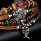 Stylish beaded bracelet set for men featuring leather and metal accents with a unique fish charm