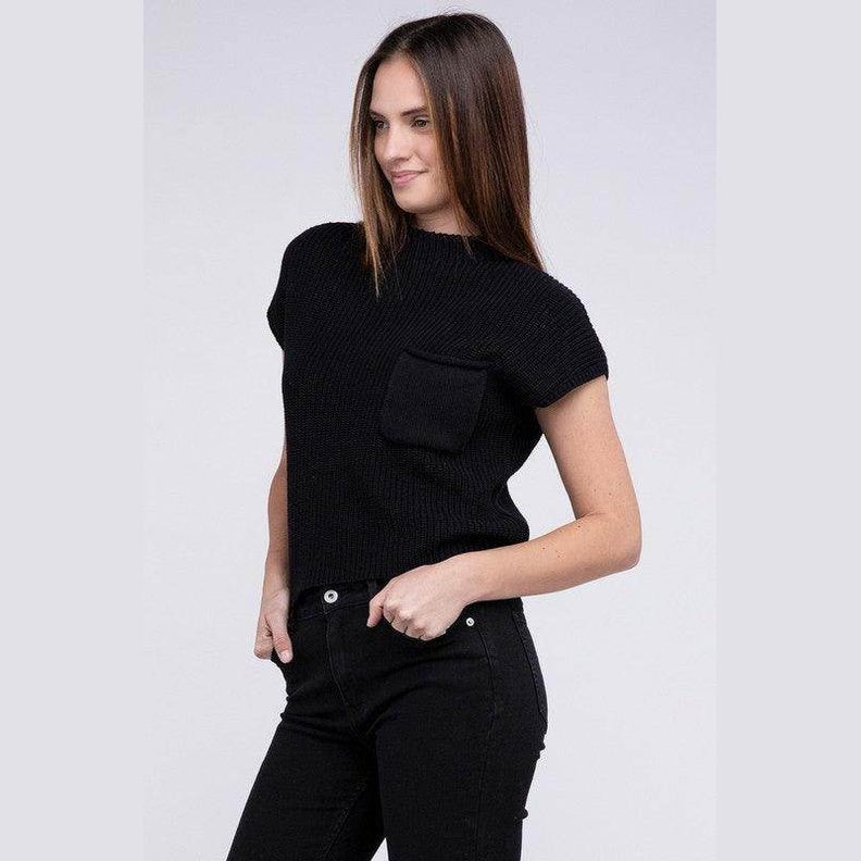 Mock Neck Short Sleeve Cropped Sweater - VacationGrabs