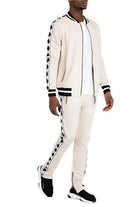 Men's 2PC Track Sets featuring beige black stripe track pants and a stylish bomber jacket