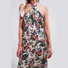 Stylish beige paisley maxi dress with floral patterns and a halter neck design for women