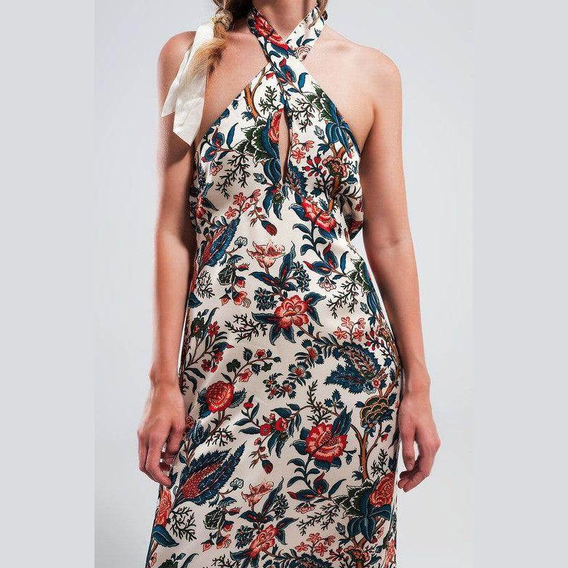 Stylish beige paisley maxi dress with floral patterns and a halter neck design for women