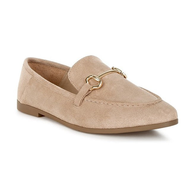 Rag Company beige slip on loafers for women with suede texture and gold metal detail
