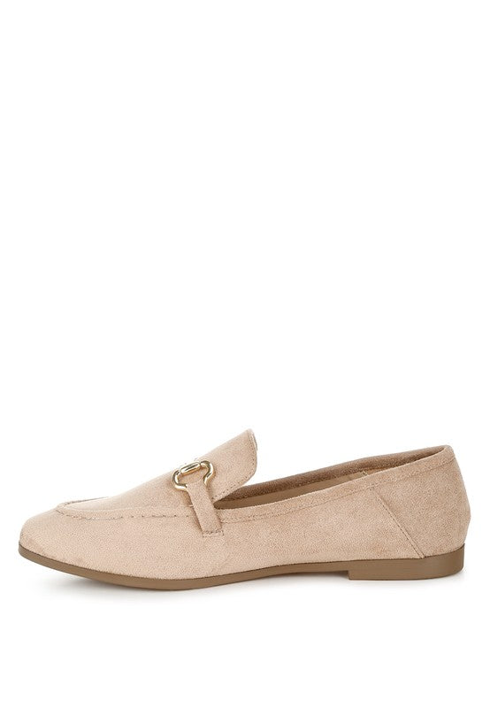 Rag Company beige slip on loafers for women with gold-tone hardware and flat sole