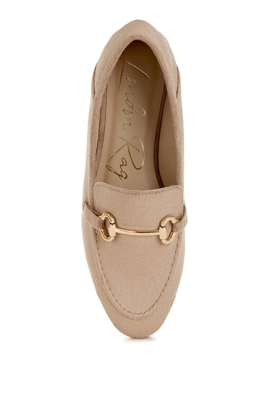 Rag Company beige slip on loafers for women with gold metal bit detail and soft textured finish