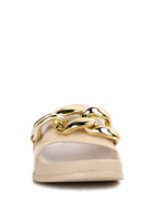 Rag Company stylish vacation sandals for women with beige sole and large gold chain detail