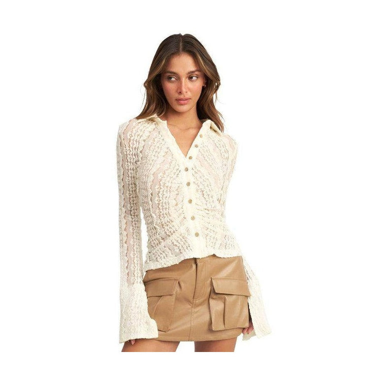 Button Front Bell Sleeve Lace Top - VacationGrabs