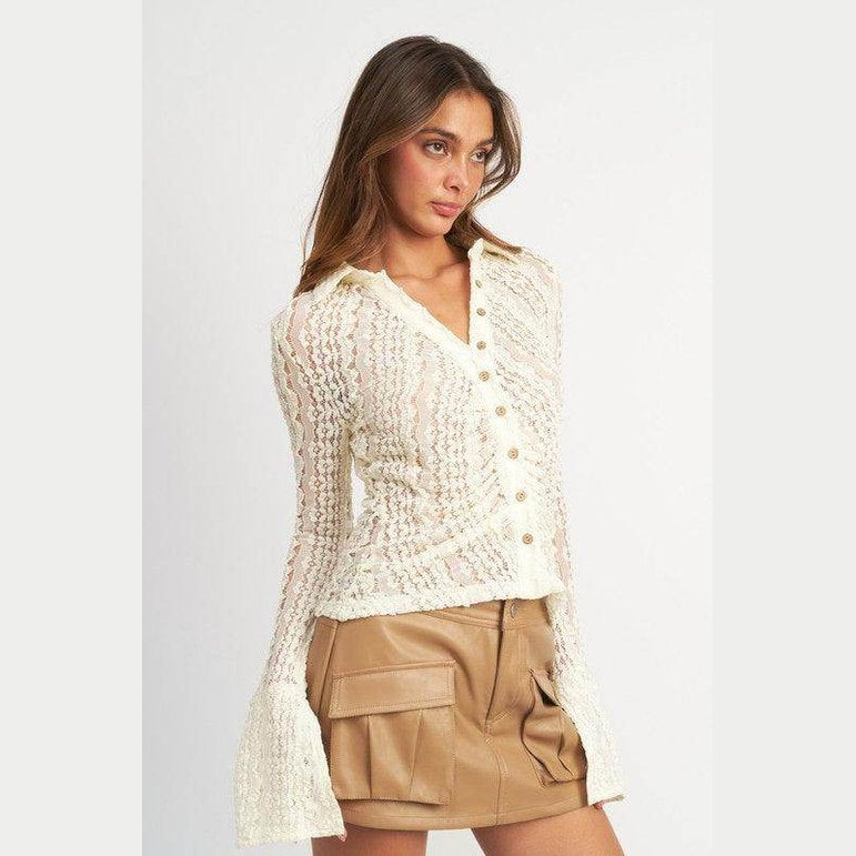 Button Front Bell Sleeve Lace Top - VacationGrabs