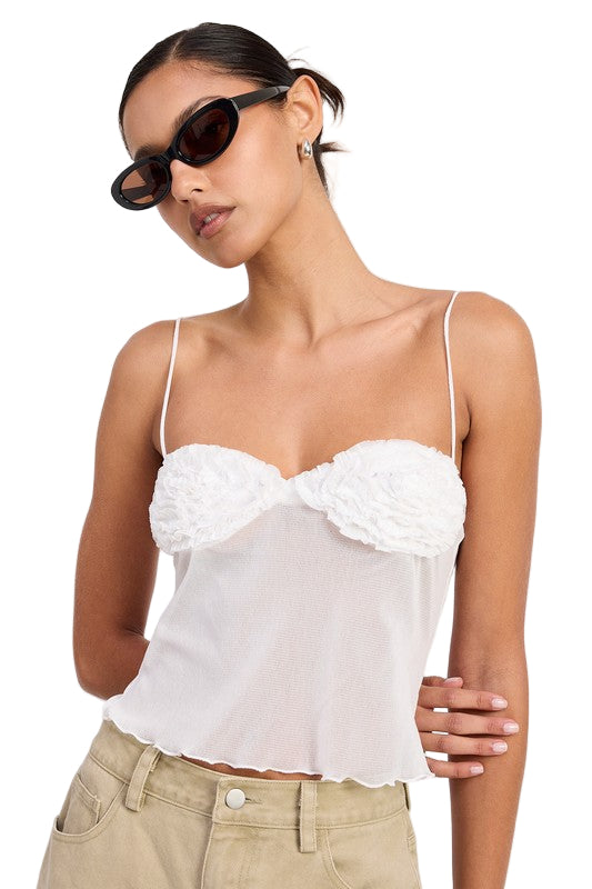 Model wearing Emory Park white sheer mesh floral cami top with textured floral cups and spaghetti straps
