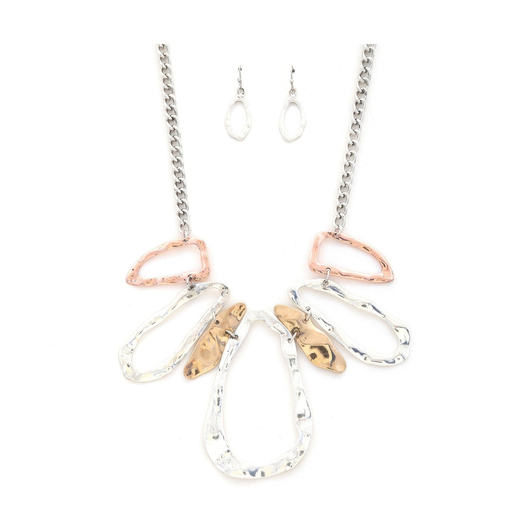 VacationGrabs womens fashion statement jewelry set with mixed metal hammered open teardrop pendants and matching earrings