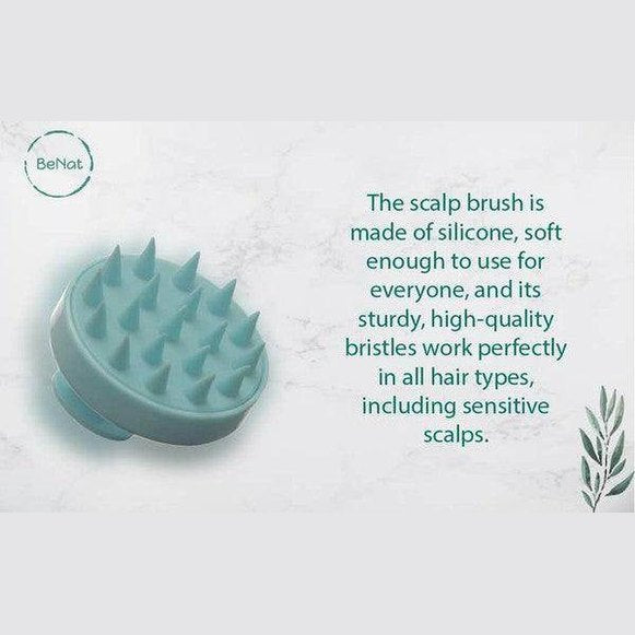 BeNat shower hair scalp scrubber in teal, made of soft silicone for all hair types, including sensitive scalps