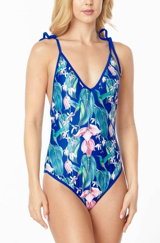 One Piece Bathing Suit Floral Print Shouler Top Ti - VacationGrabs
