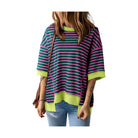 Green Stripe Oversized Contrast Trim Exposed Seam High Low T Shirt - VacationGrabs