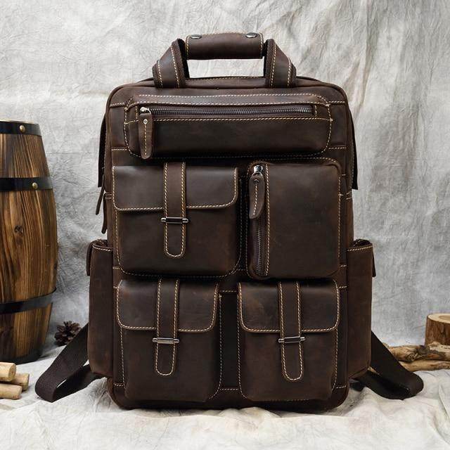 Big outdoor leather backpack with multiple pockets and sturdy handles for travel and adventure