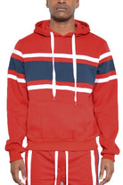 WEIV red hoodie with white and navy stripes worn by model not a black and red striped hoodie