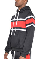 WEIV black and red striped hoodie with white horizontal stripes and front kangaroo pocket