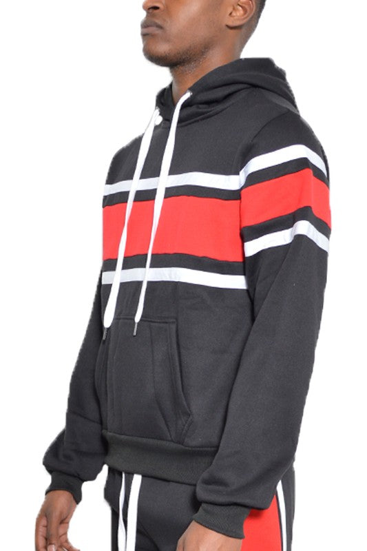 WEIV black and red striped hoodie with white horizontal stripes and front kangaroo pocket