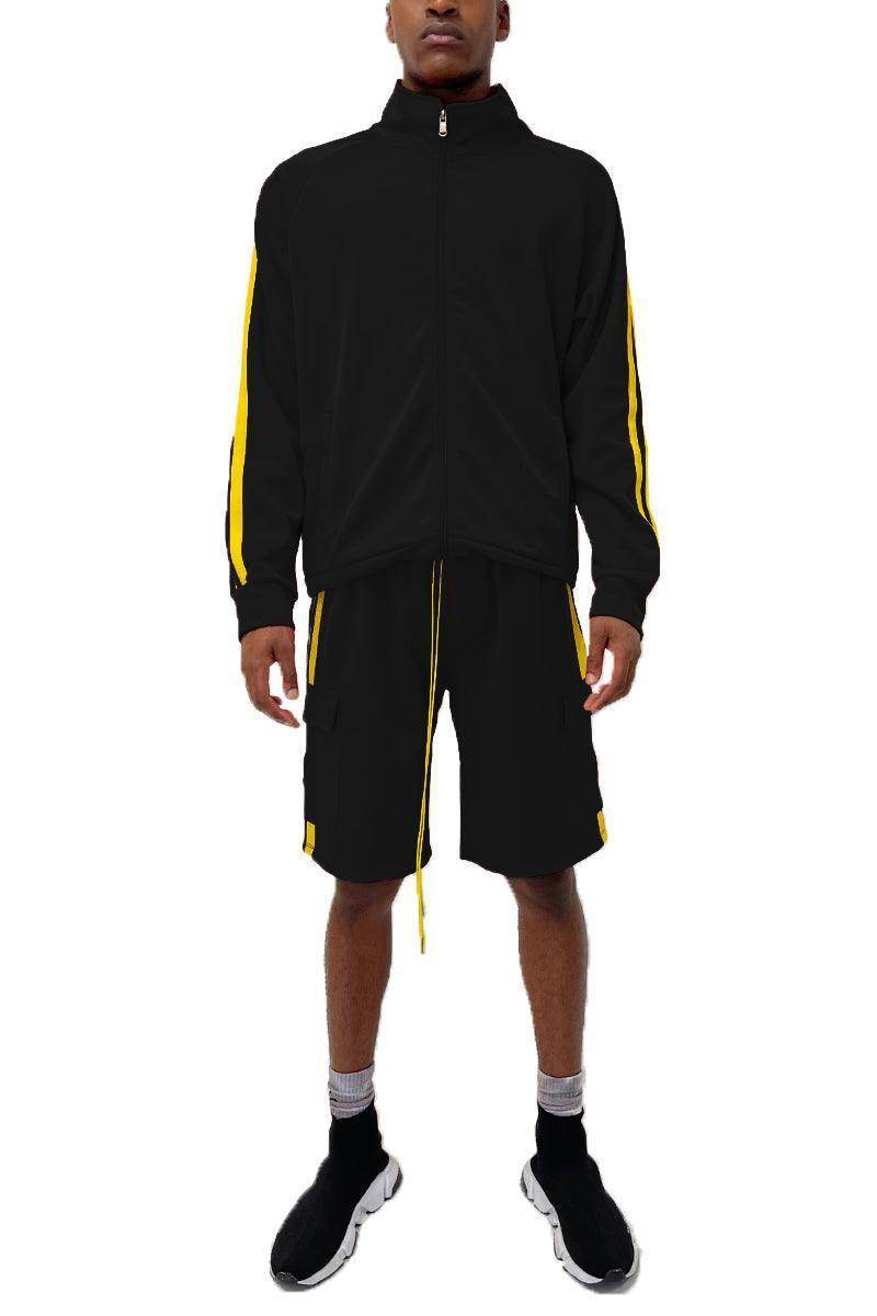 Men's 2PC Track Sets in black and yellow stripe outfit with zip-up jacket and shorts