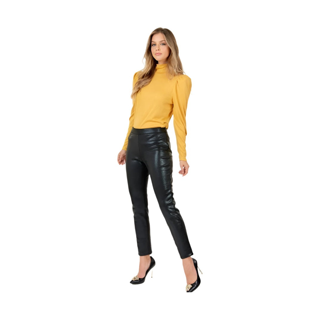 VacationGrabs women's ankle length faux leather pants styled with a mustard yellow long sleeve top and black heels
