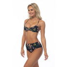 Beach Joy Bikini black bikini with floral print two-piece swimwear on smiling woman