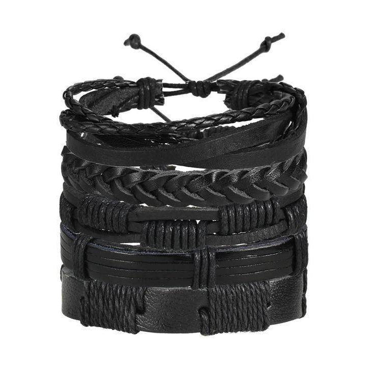 Set of black braided wristbands for men featuring various textures and adjustable designs for a stylish look