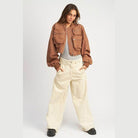 Emory Park black brown bomber jacket for women with oversized fit and utility pockets