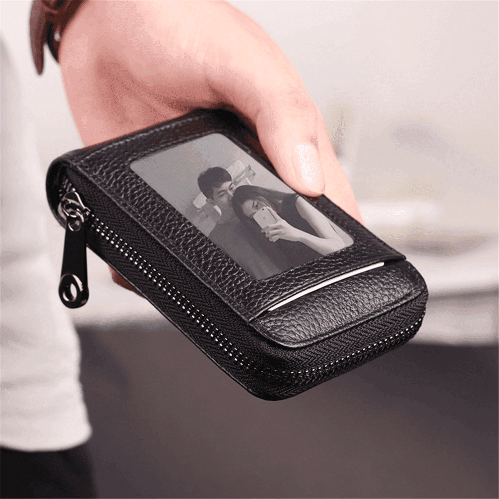 Stylish black brown leather wallet with a zip and photo slot, ideal for daily use