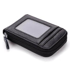Black brown leather wallet with a zip closure and clear ID window for easy access