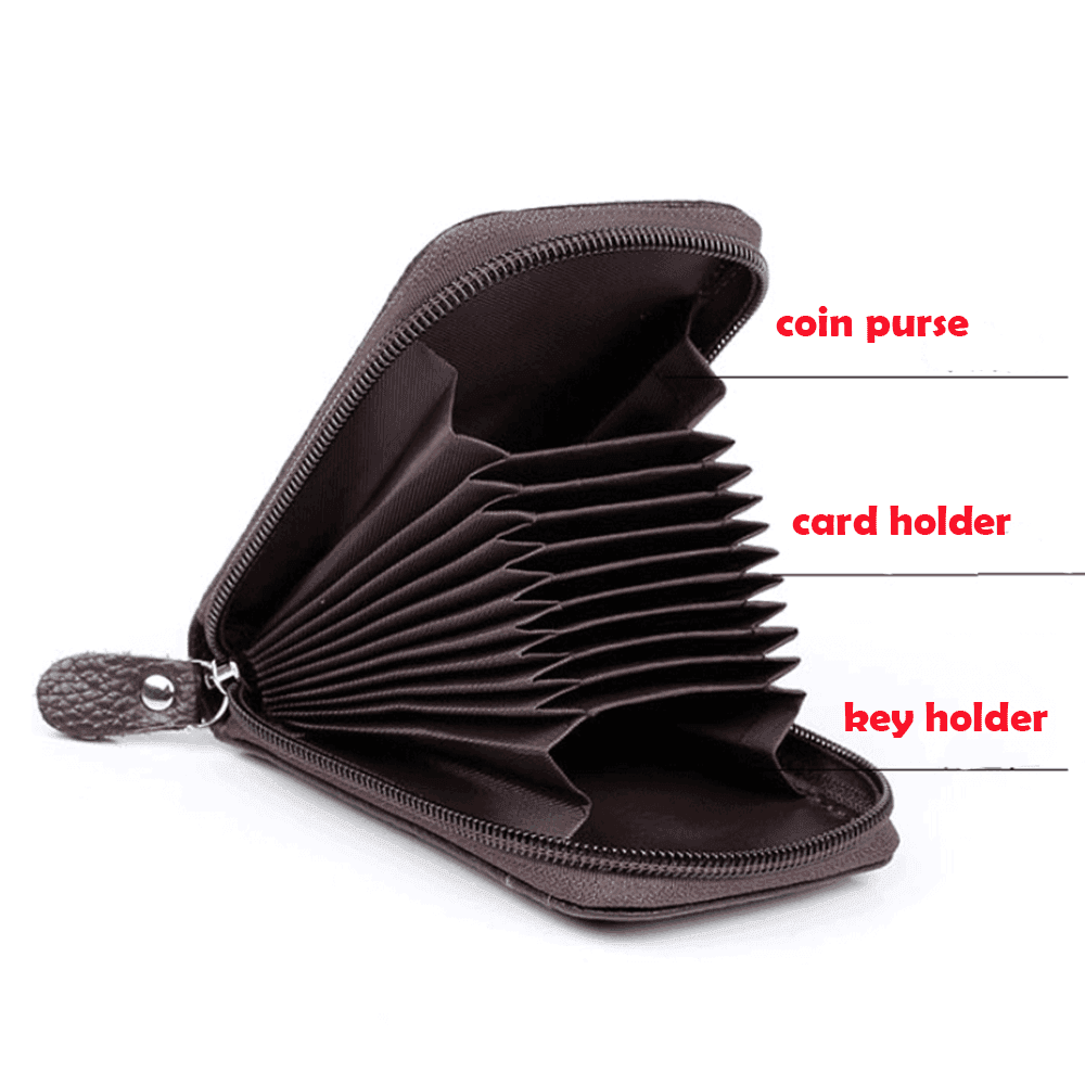 Black brown leather wallet with multiple compartments for coins, cards, and keys