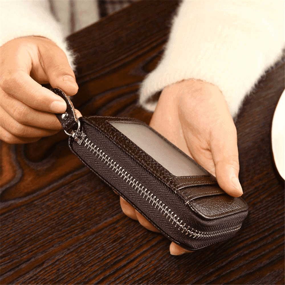 Black brown leather wallet with zipper and clear ID window for easy access