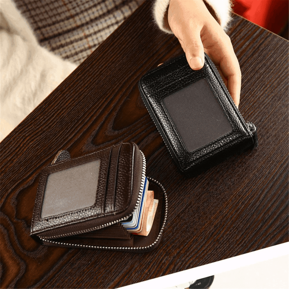 Luxury black brown leather wallet with multiple card slots and a clear ID window