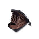 Interior view of a black brown leather wallet featuring multiple card slots and a zipper closure