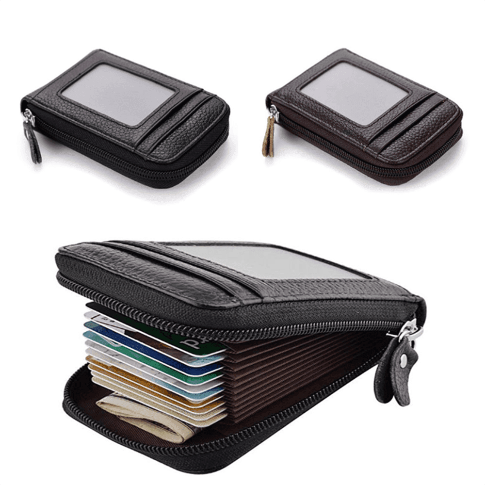 Black brown leather wallet with multiple card slots and a compact zipper design for easy access