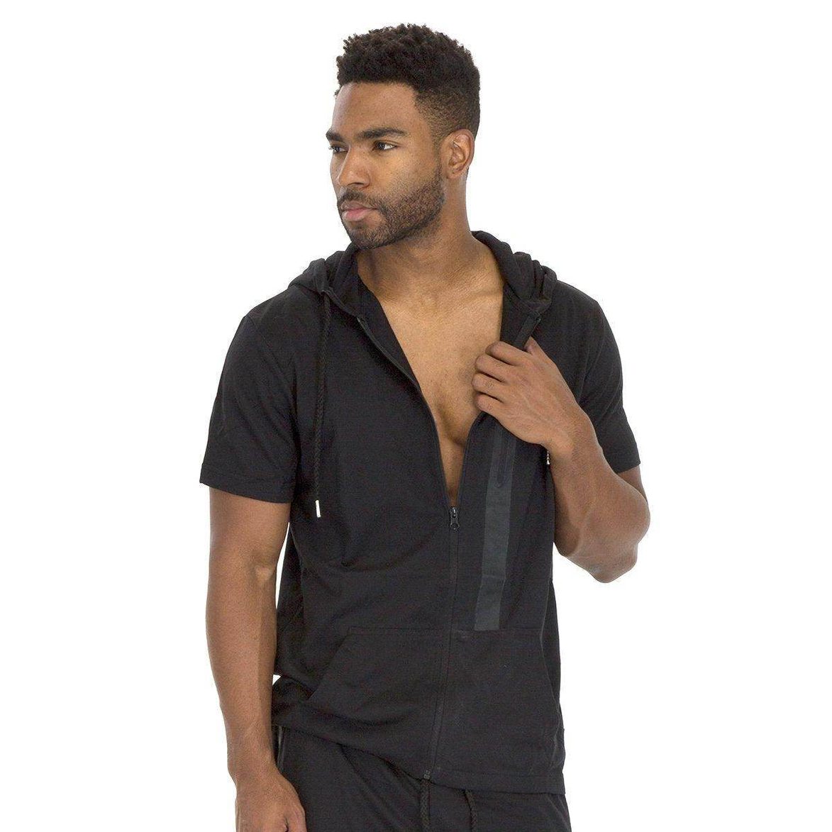 Men's black cage outfit for men featuring a stylish zip-up hoodie with short sleeves
