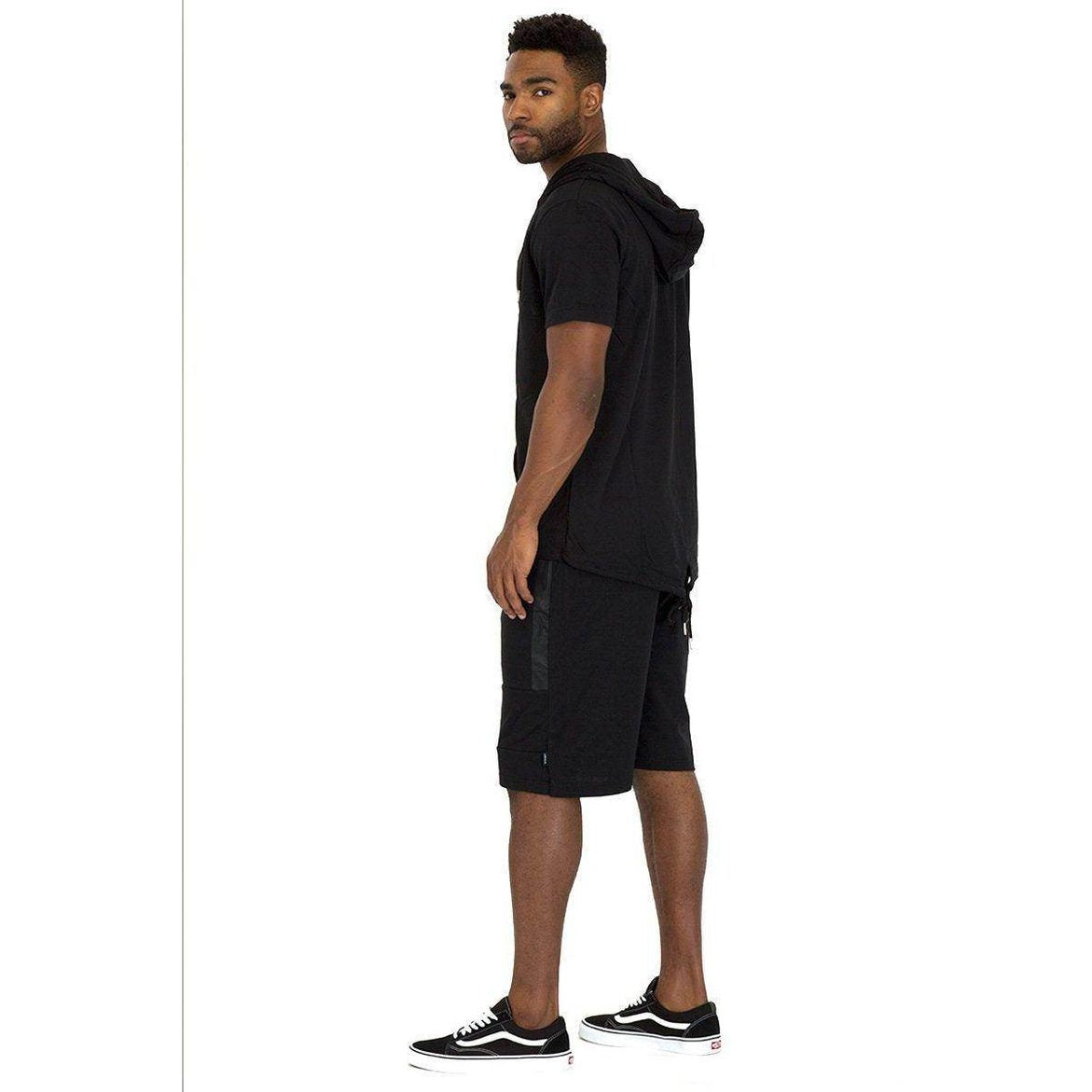 Men's black cage outfit for men featuring stylish shorts and a matching hoodie for casual wear